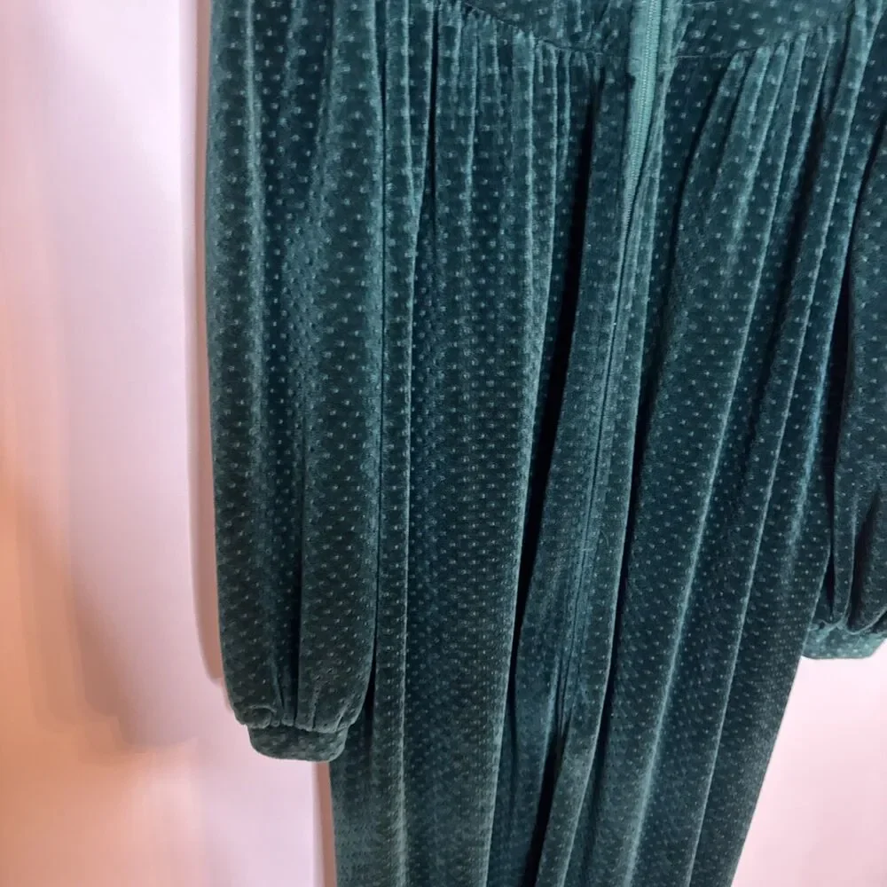 Styled By Say~Lu Vtg‎ Green Velour Robe Long Zip Up Pleat Pintuck Nightgown Med